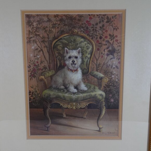 Westie Dog Print Chinoiserie by Elaine Vollherbst Gold Frame Matted 15" x 12.5" - Picture 3 of 9